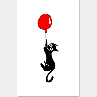 Black Cat Hanging on Red Balloon Posters and Art